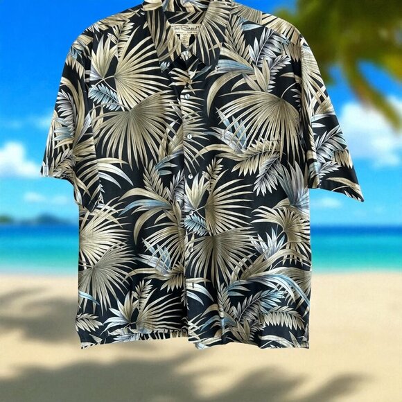 Tori Richard Vintage Hawaiian Black Palm Leaf Print Cotton Lawn Aloha Shirt - Picture 1 of 8